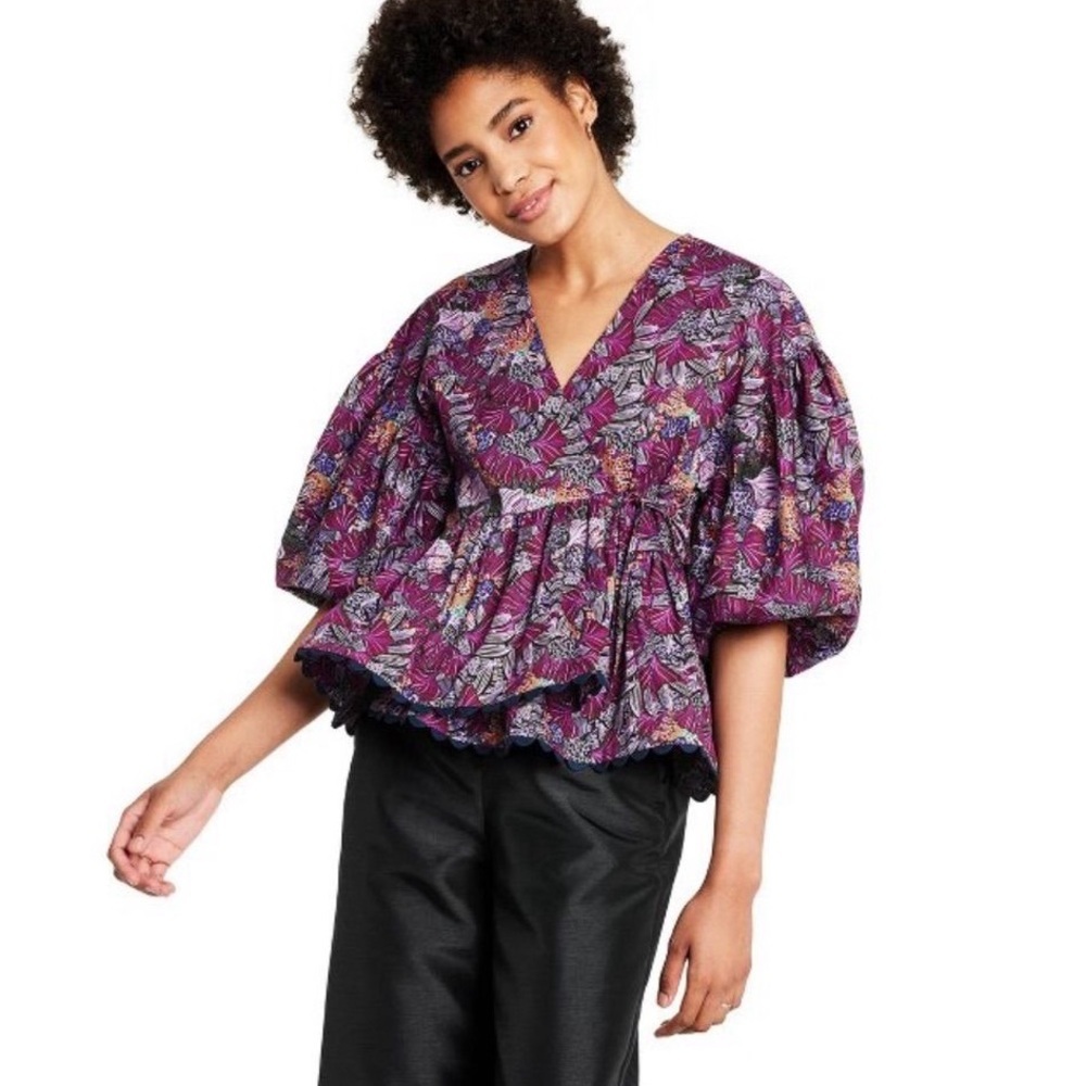 Kika Vargas x Target Wrap Top With Puffy Sleeves Purple Floral Kentucky Derby